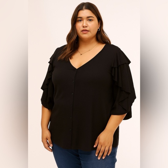 City Chic Plus Size Ruffle Sleeve Button Back Blouse - Picture 1 of 4